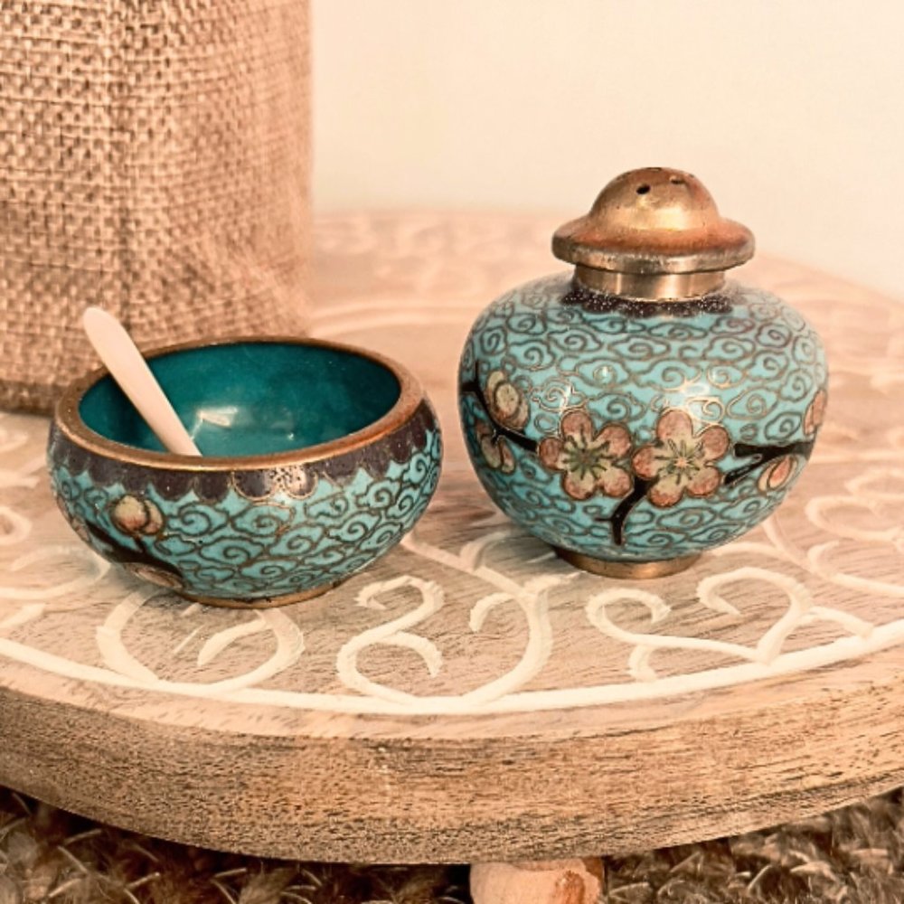 Vintage Chinese Pair of Cloisonné Salt and Pepper Shaker Cellar Spoon